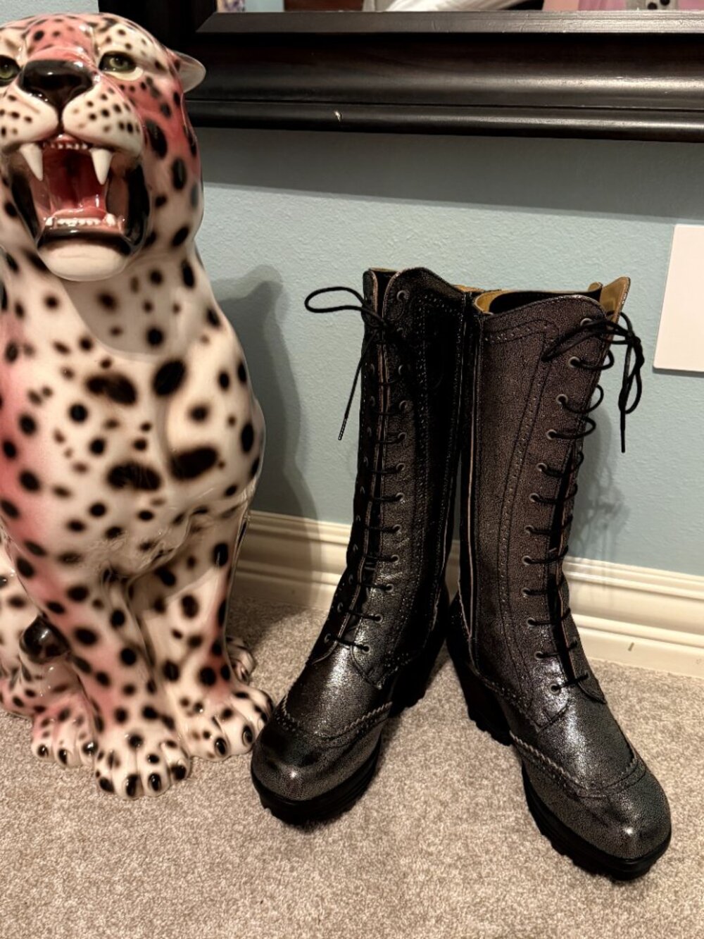 John Fluevog Melody Mellow Tall Lace-Up Brogue Boots Dark Silver 10
